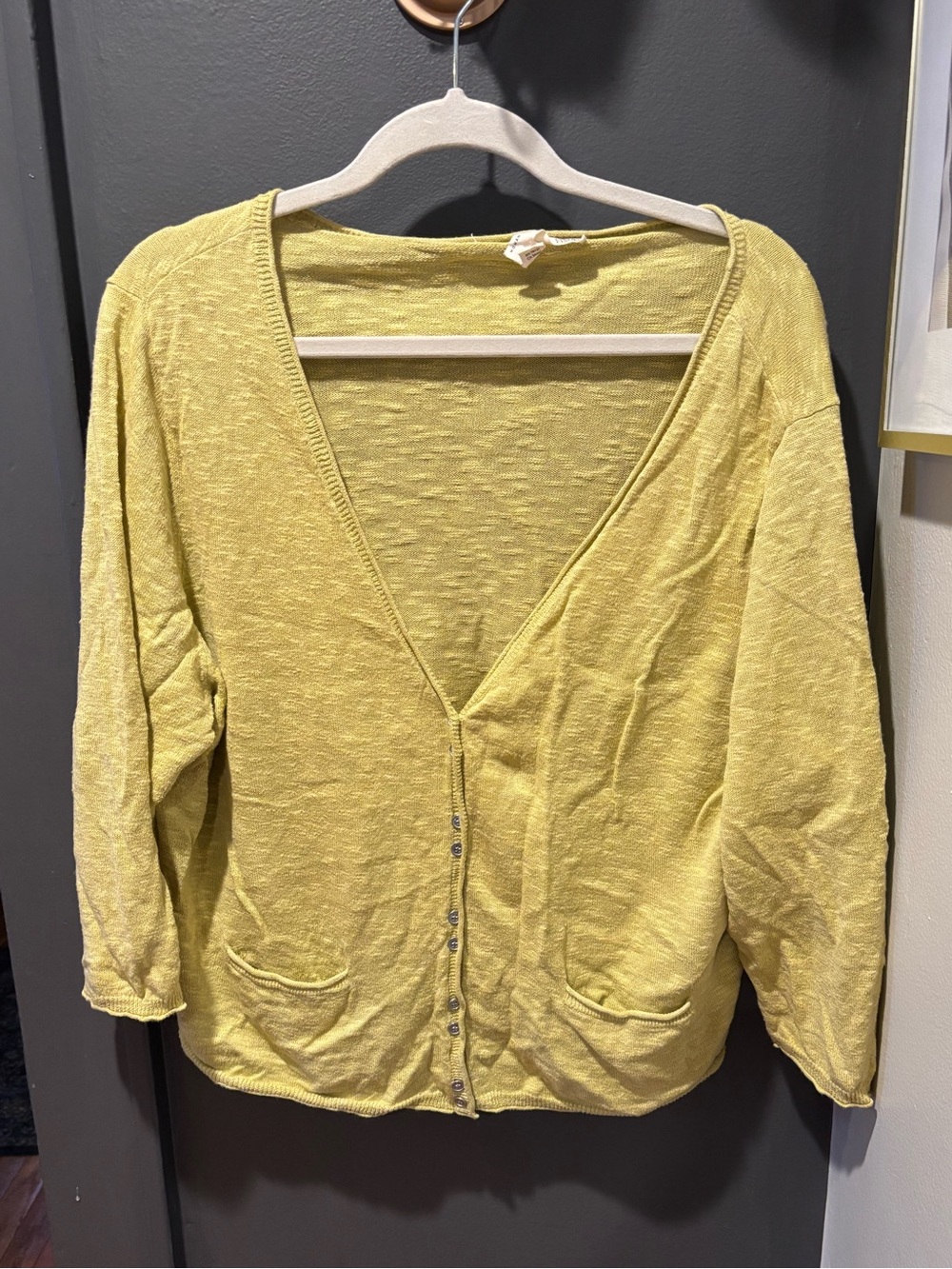 Eileen Fisher Yellow Lightweight V-Neck Button Cardigan